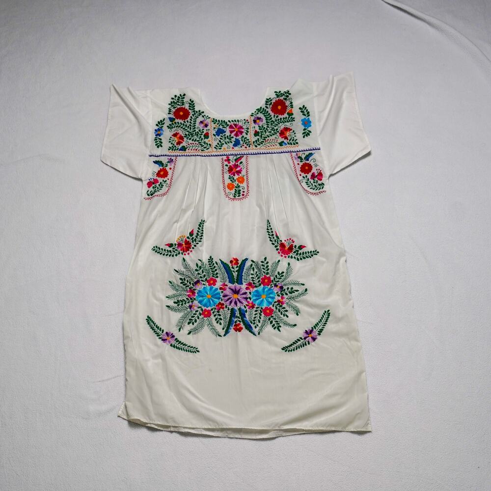Handmade Mexican Dress Medium Floral Embroidered Boho